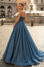 Navy Blue Sequin Beaded Sweetheart A-Line Long Prom Dress - Curvevia