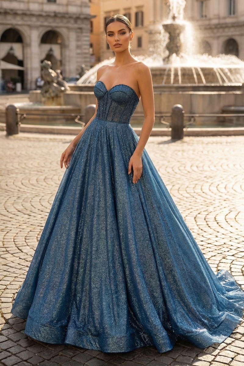 Navy Blue Sequin Beaded Sweetheart A-Line Long Prom Dress - Curvevia