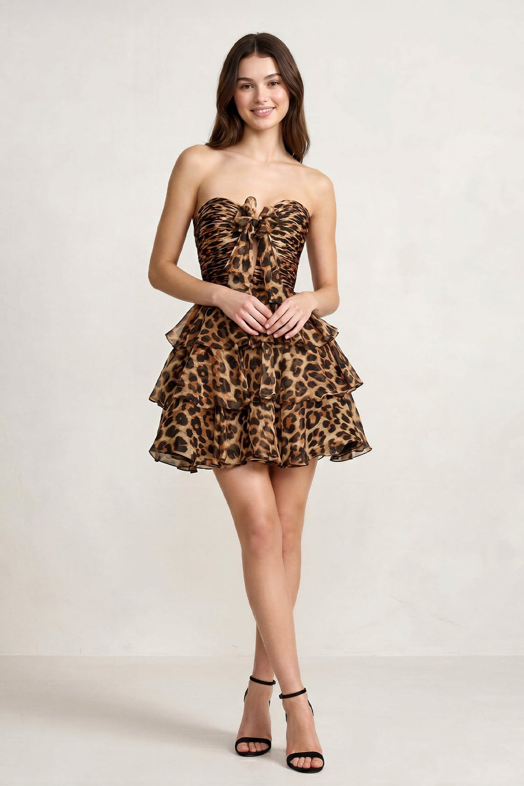 Leopard A-Line Sweetheart Floral Printed Chiffon Ruffles Wedding Guest Dress - Curvevia