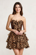 Leopard A-Line Sweetheart Floral Printed Chiffon Ruffles Wedding Guest Dress - Curvevia