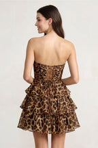 Leopard A-Line Sweetheart Floral Printed Chiffon Ruffles Wedding Guest Dress - Curvevia