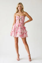 Leopard A-Line Sweetheart Floral Printed Chiffon Ruffles Wedding Guest Dress - Curvevia