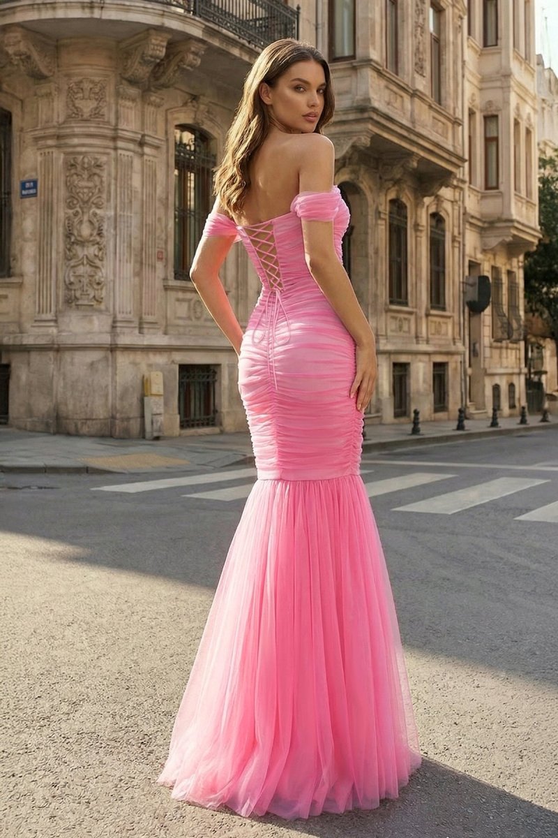 Off Shoulder Pink Ruched Long Prom Dress with Ruffle Hem - Curvevia
