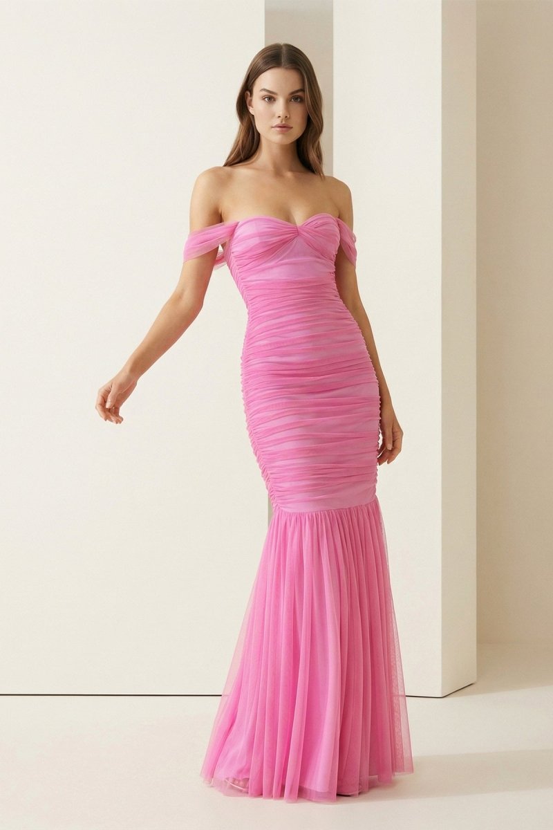 Off Shoulder Pink Ruched Long Prom Dress with Ruffle Hem - Curvevia