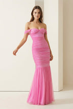 Off Shoulder Pink Ruched Long Prom Dress with Ruffle Hem - Curvevia