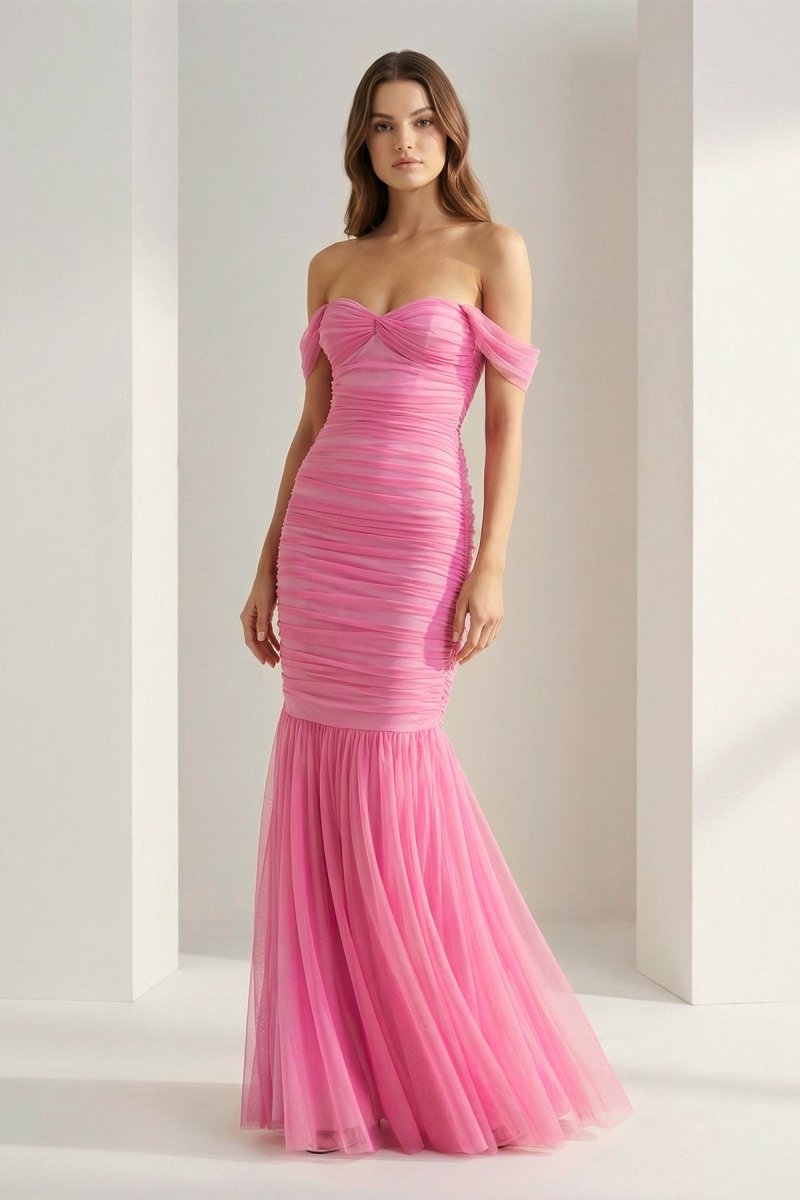 Off Shoulder Pink Ruched Long Prom Dress with Ruffle Hem - Curvevia