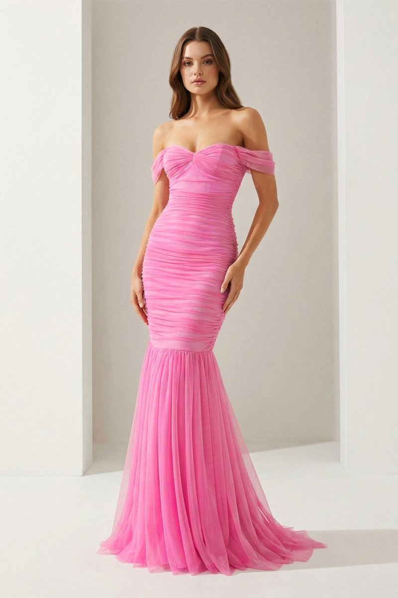 Off Shoulder Pink Ruched Long Prom Dress with Ruffle Hem - Curvevia
