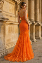 Orange Lace Spaghetti Straps Mermaid Long Formal Dress - Curvevia