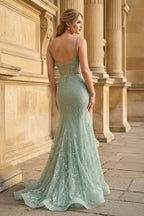 Orange Lace Spaghetti Straps Mermaid Long Formal Dress - Curvevia