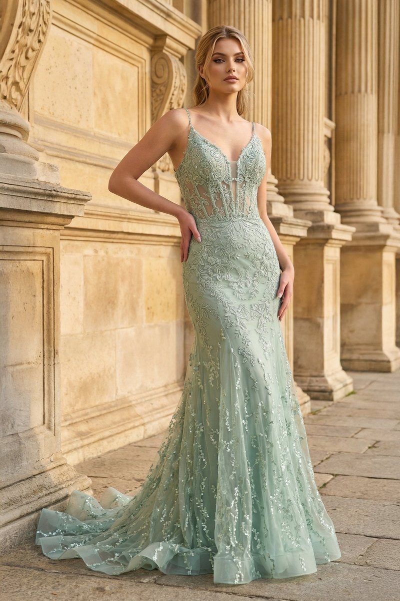 Orange Lace Spaghetti Straps Mermaid Long Formal Dress - Curvevia