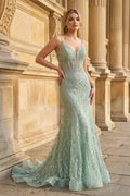 Orange Lace Spaghetti Straps Mermaid Long Formal Dress - Curvevia