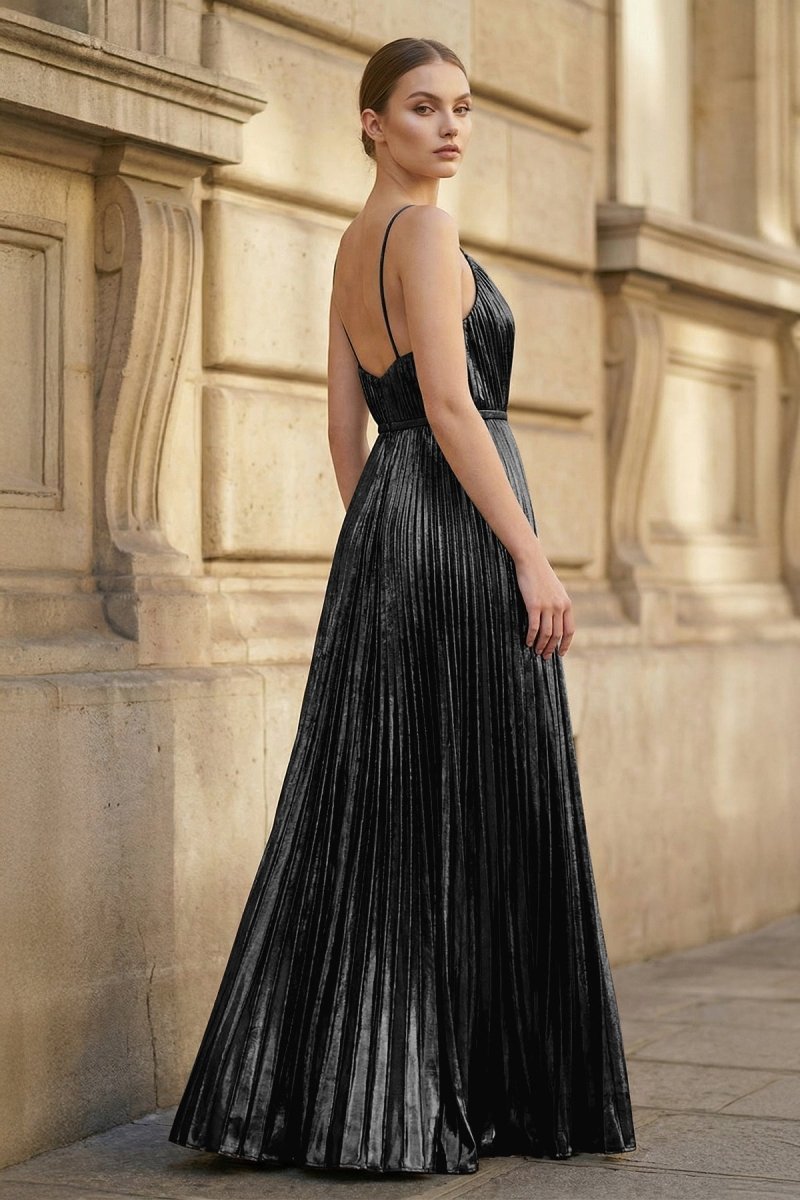 Gold A-Line Spaghetti Straps V-Neck Metallic Long Wedding Guest Dress - Curvevia