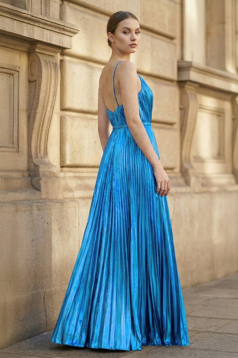 Gold A-Line Spaghetti Straps V-Neck Metallic Long Wedding Guest Dress - Curvevia