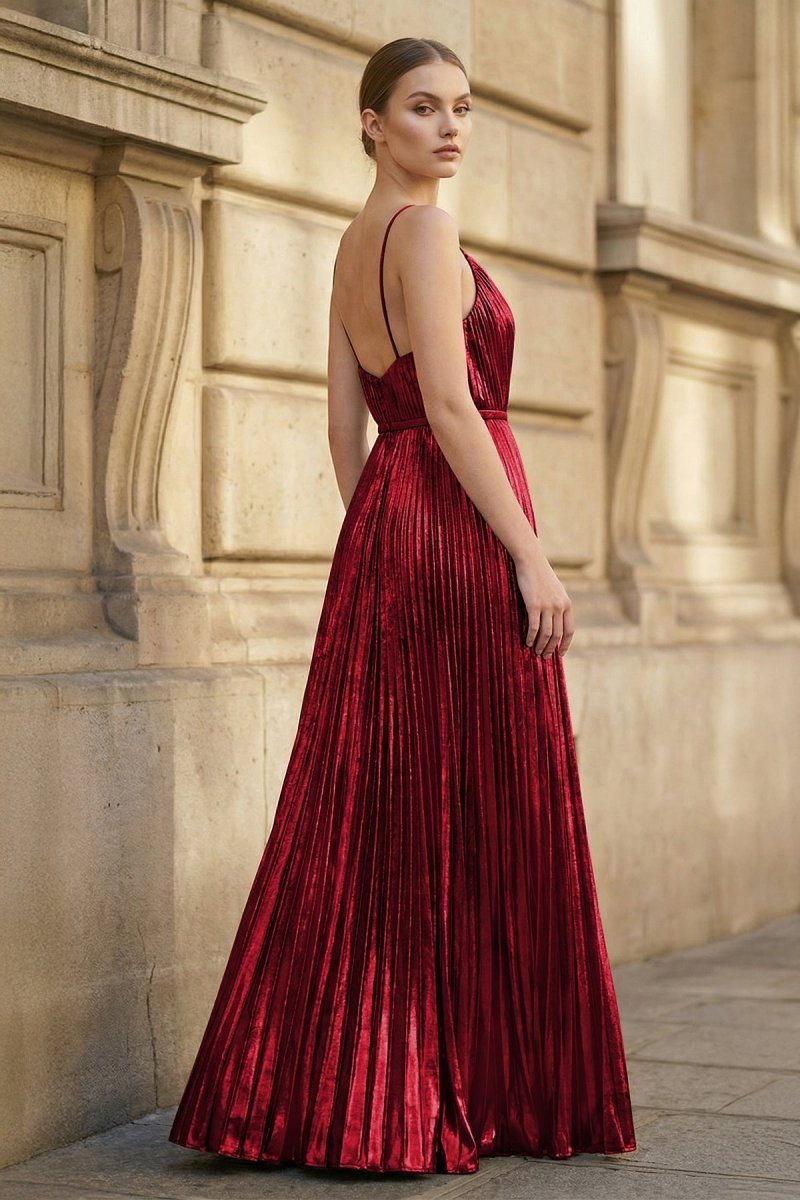 Gold A-Line Spaghetti Straps V-Neck Metallic Long Wedding Guest Dress - Curvevia