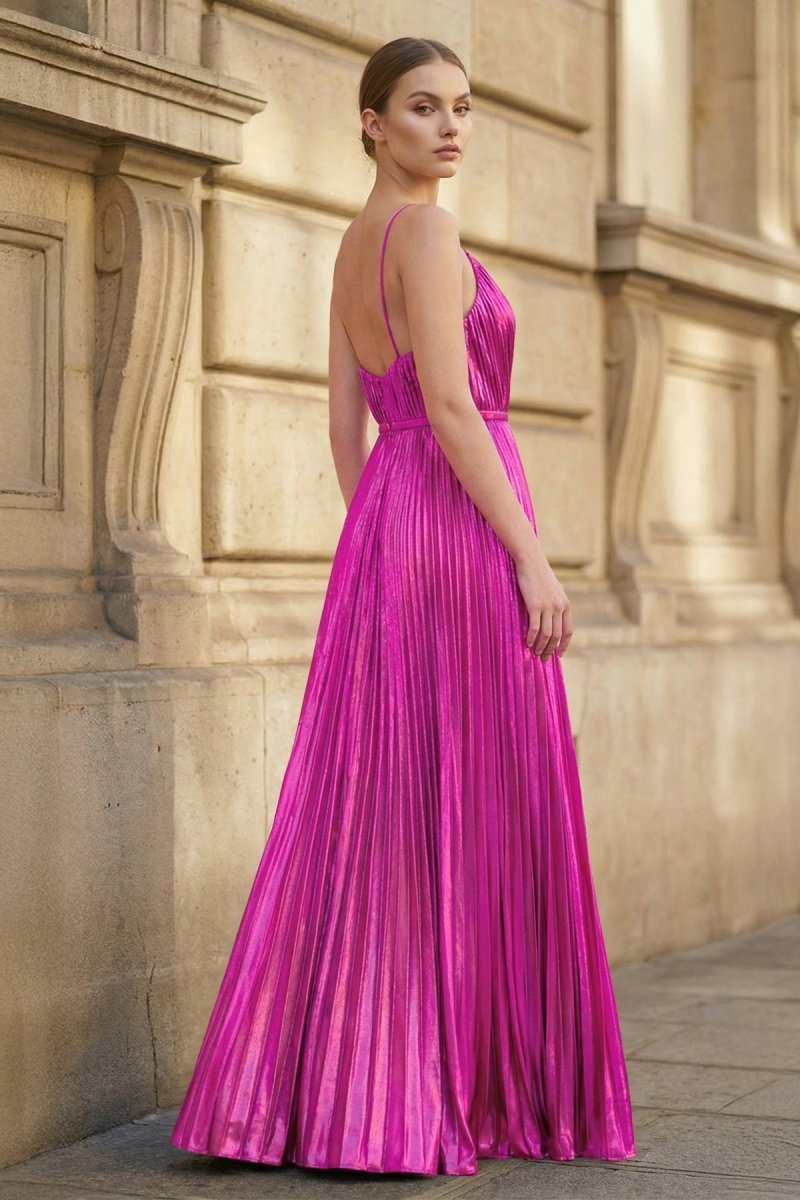 Gold A-Line Spaghetti Straps V-Neck Metallic Long Wedding Guest Dress - Curvevia