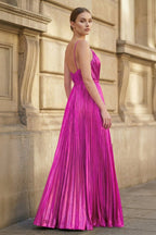 Gold A-Line Spaghetti Straps V-Neck Metallic Long Wedding Guest Dress - Curvevia