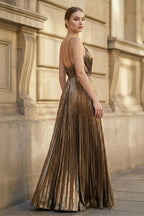 Gold A-Line Spaghetti Straps V-Neck Metallic Long Wedding Guest Dress - Curvevia