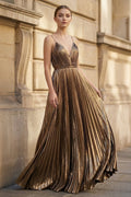 Gold A-Line Spaghetti Straps V-Neck Metallic Long Wedding Guest Dress - Curvevia
