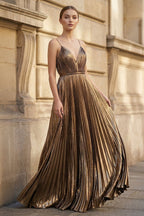 Gold A-Line Spaghetti Straps V-Neck Metallic Long Wedding Guest Dress - Curvevia
