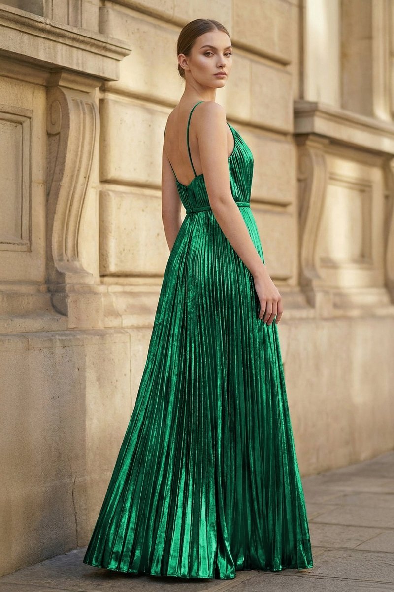 Gold A-Line Spaghetti Straps V-Neck Metallic Long Wedding Guest Dress - Curvevia