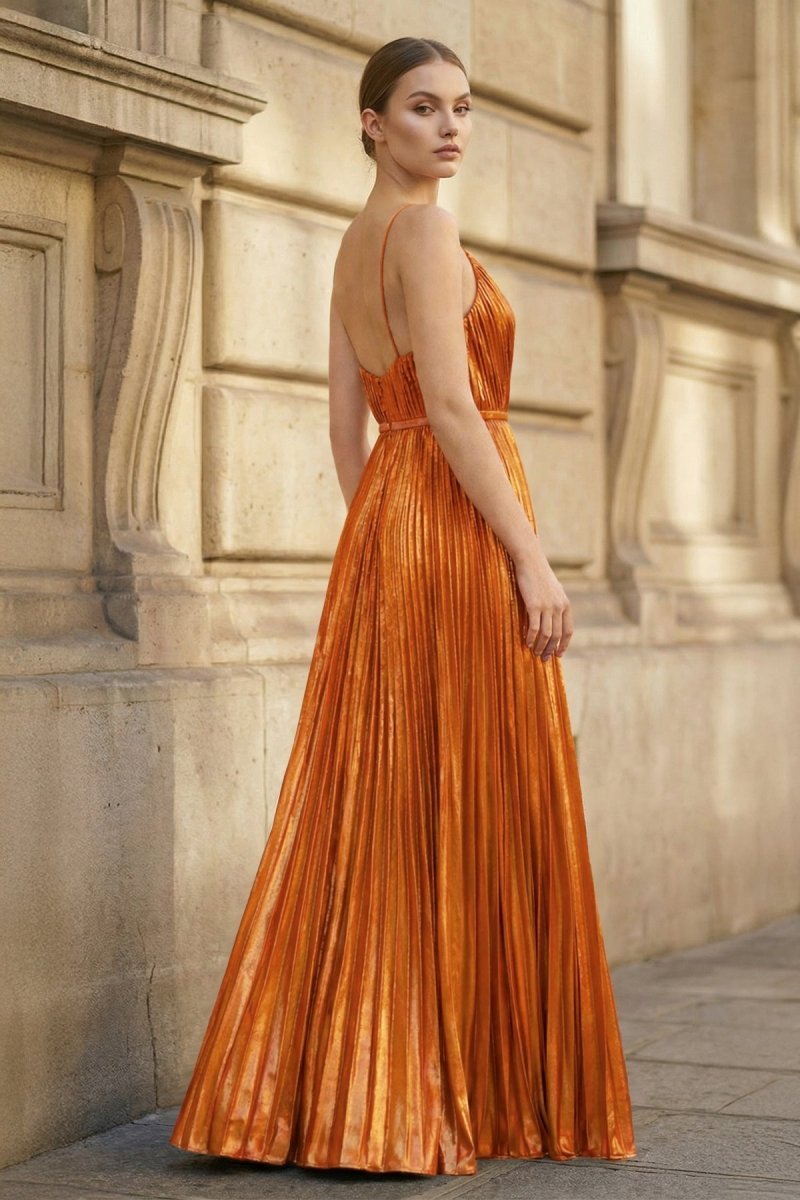 Gold A-Line Spaghetti Straps V-Neck Metallic Long Wedding Guest Dress - Curvevia