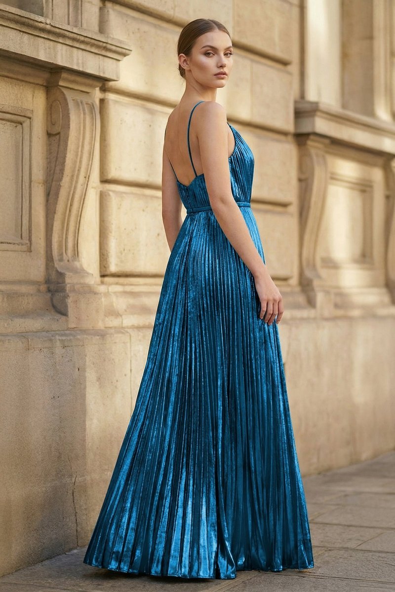 Gold A-Line Spaghetti Straps V-Neck Metallic Long Wedding Guest Dress - Curvevia