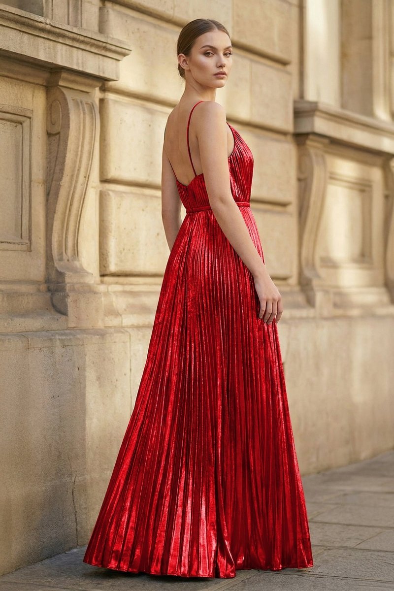 Gold A-Line Spaghetti Straps V-Neck Metallic Long Wedding Guest Dress - Curvevia