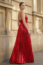 Gold A-Line Spaghetti Straps V-Neck Metallic Long Wedding Guest Dress - Curvevia