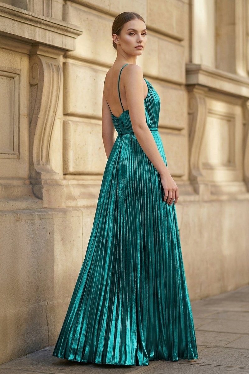 Gold A-Line Spaghetti Straps V-Neck Metallic Long Wedding Guest Dress - Curvevia