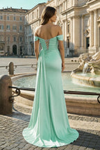 Pink Mermaid Off The Shoulder Satin Beaded Long Prom Dresses With Slit - Curvevia
