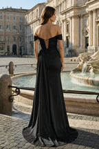 Pink Mermaid Off The Shoulder Satin Beaded Long Prom Dresses With Slit - Curvevia