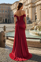 Pink Mermaid Off The Shoulder Satin Beaded Long Prom Dresses With Slit - Curvevia