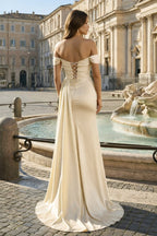 Pink Mermaid Off The Shoulder Satin Beaded Long Prom Dresses With Slit - Curvevia