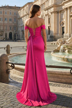 Pink Mermaid Off The Shoulder Satin Beaded Long Prom Dresses With Slit - Curvevia