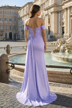 Pink Mermaid Off The Shoulder Satin Beaded Long Prom Dresses With Slit - Curvevia