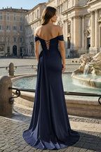 Pink Mermaid Off The Shoulder Satin Beaded Long Prom Dresses With Slit - Curvevia