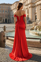 Pink Mermaid Off The Shoulder Satin Beaded Long Prom Dresses With Slit - Curvevia