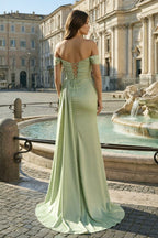 Pink Mermaid Off The Shoulder Satin Beaded Long Prom Dresses With Slit - Curvevia