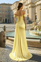 Pink Mermaid Off The Shoulder Satin Beaded Long Prom Dresses With Slit - Curvevia