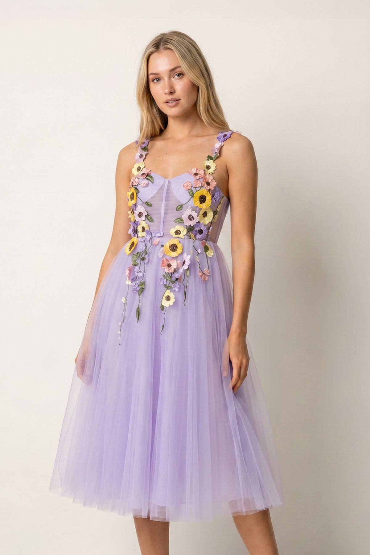 3D Flower Tulle Tea Length Wedding Guest Dress - Curvevia