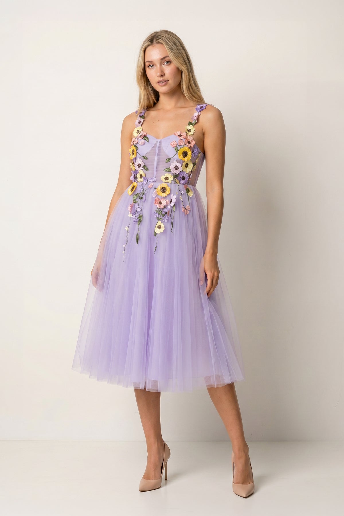 3D Flower Tulle Tea Length Wedding Guest Dress - Curvevia