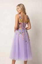 3D Flower Tulle Tea Length Wedding Guest Dress - Curvevia