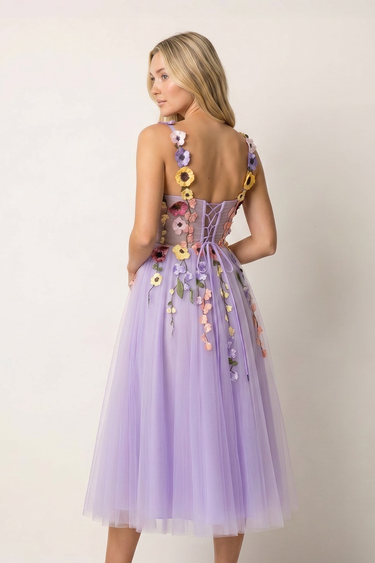 3D Flower Tulle Tea Length Wedding Guest Dress - Curvevia