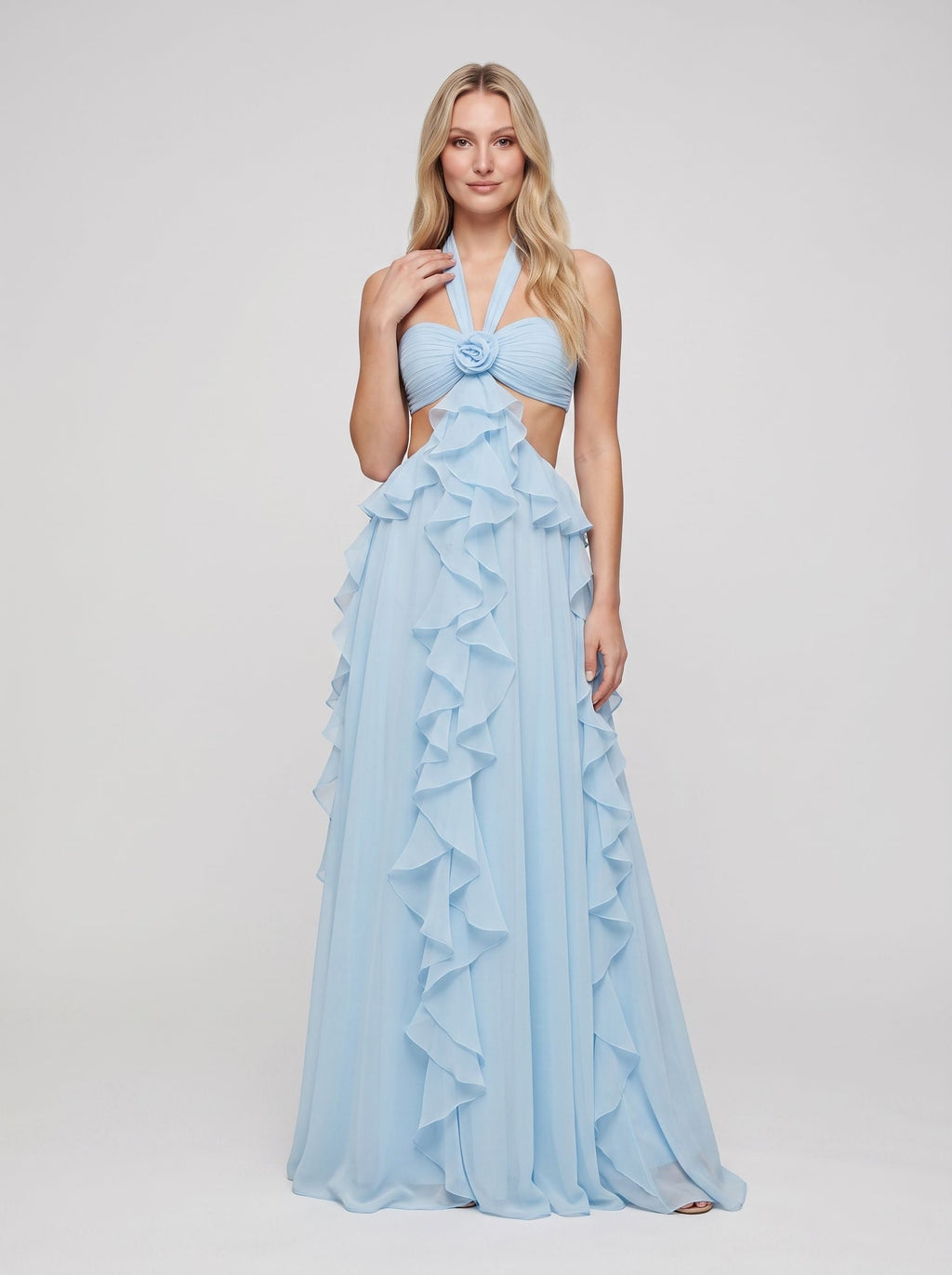 Blue Chiffon A-Line Halter neckline Backless Floor-Length Dress with Corkscrew Ruffles - Curvevia