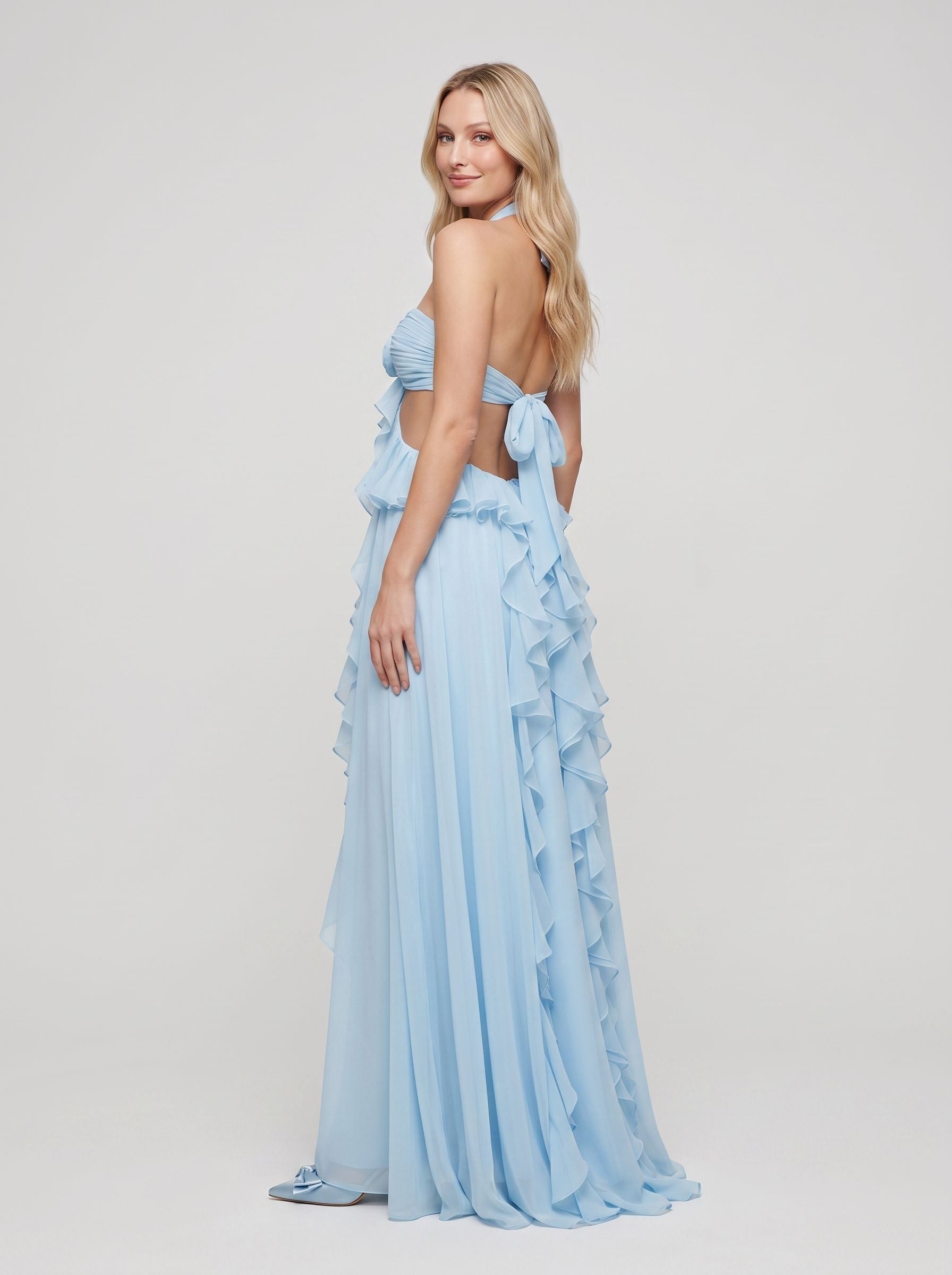 Blue Chiffon A-Line Halter neckline Backless Floor-Length Dress with Corkscrew Ruffles - Curvevia