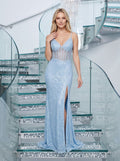 Sky Blue Glitter Tulle A-Line V-Neck V-Back Floor-Length Dress with Sheer Corset Bodice & Slit - Curvevia