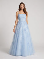 Mist Lace & Tulle A-Line Straight Neck Lace-up Floor-Length Dress with Embroidered Lace Bodice - Curvevia