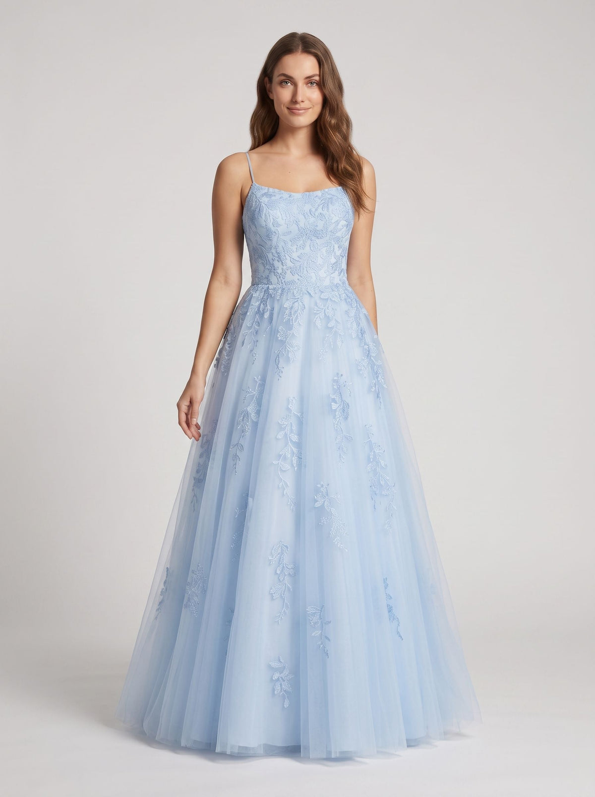 Mist Lace & Tulle A-Line Straight Neck Lace-up Floor-Length Dress with Embroidered Lace Bodice - Curvevia