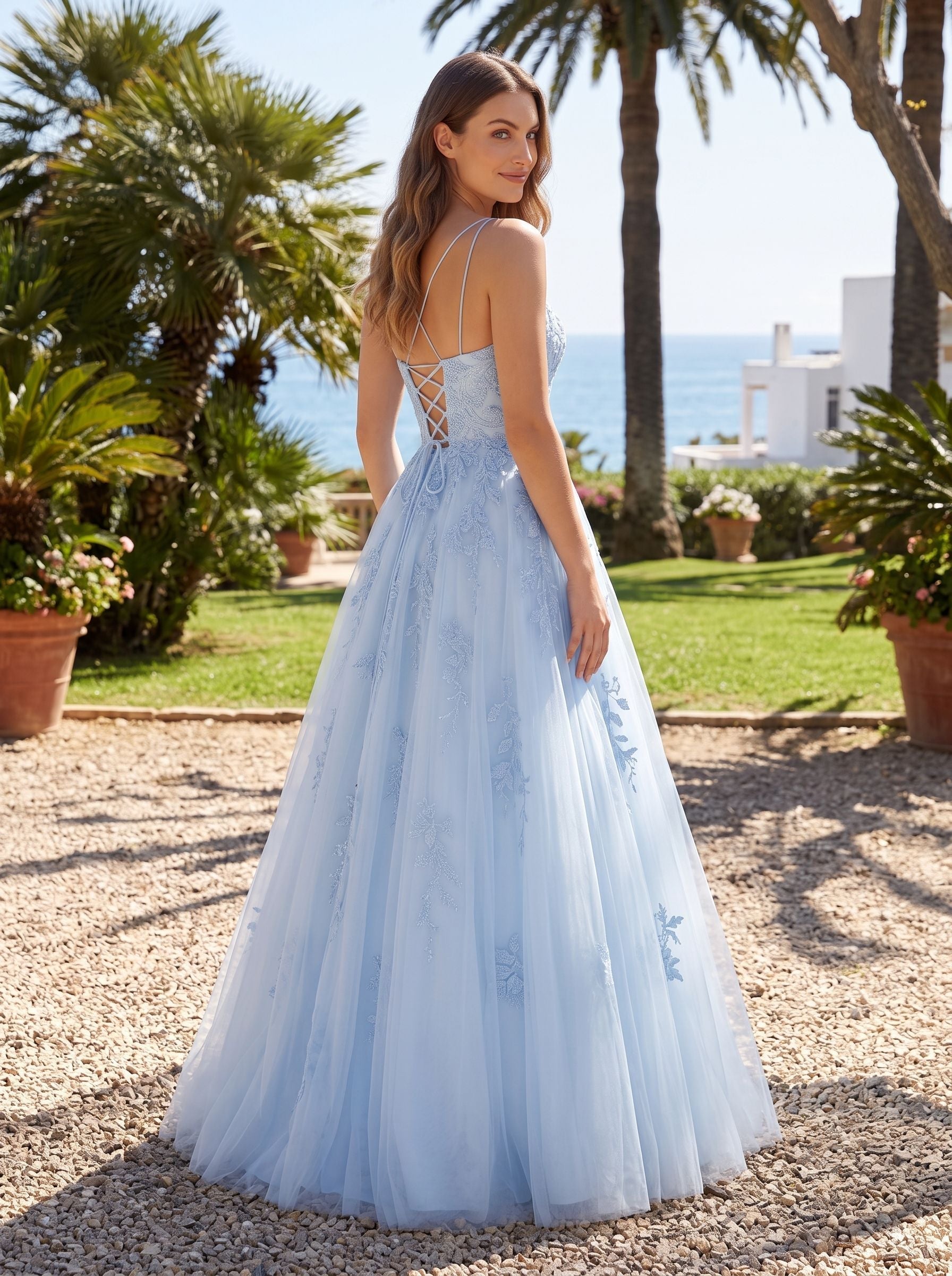 Mist Lace & Tulle A-Line Straight Neck Lace-up Floor-Length Dress with Embroidered Lace Bodice - Curvevia