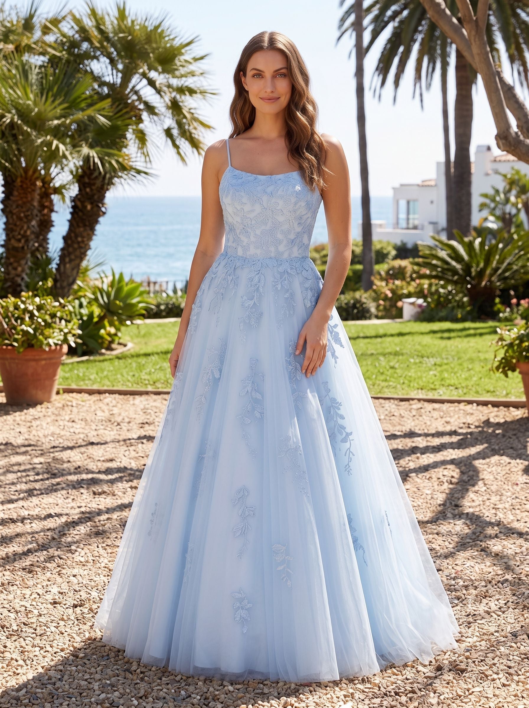 Mist Lace & Tulle A-Line Straight Neck Lace-up Floor-Length Dress with Embroidered Lace Bodice - Curvevia